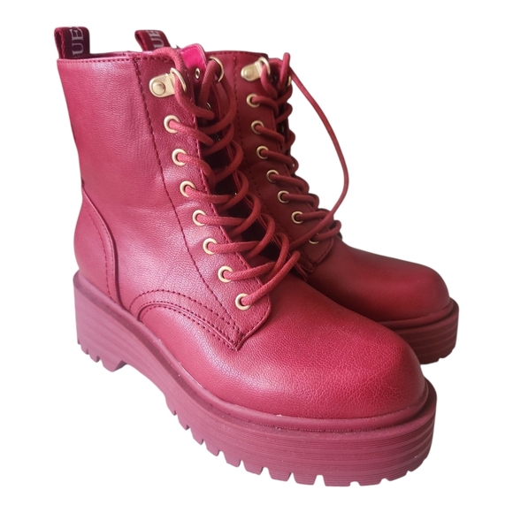 Guess Red Platform Combat Boots Size 5.5 Lace-Up Chunky Lug Sole - Picture 1 of 9